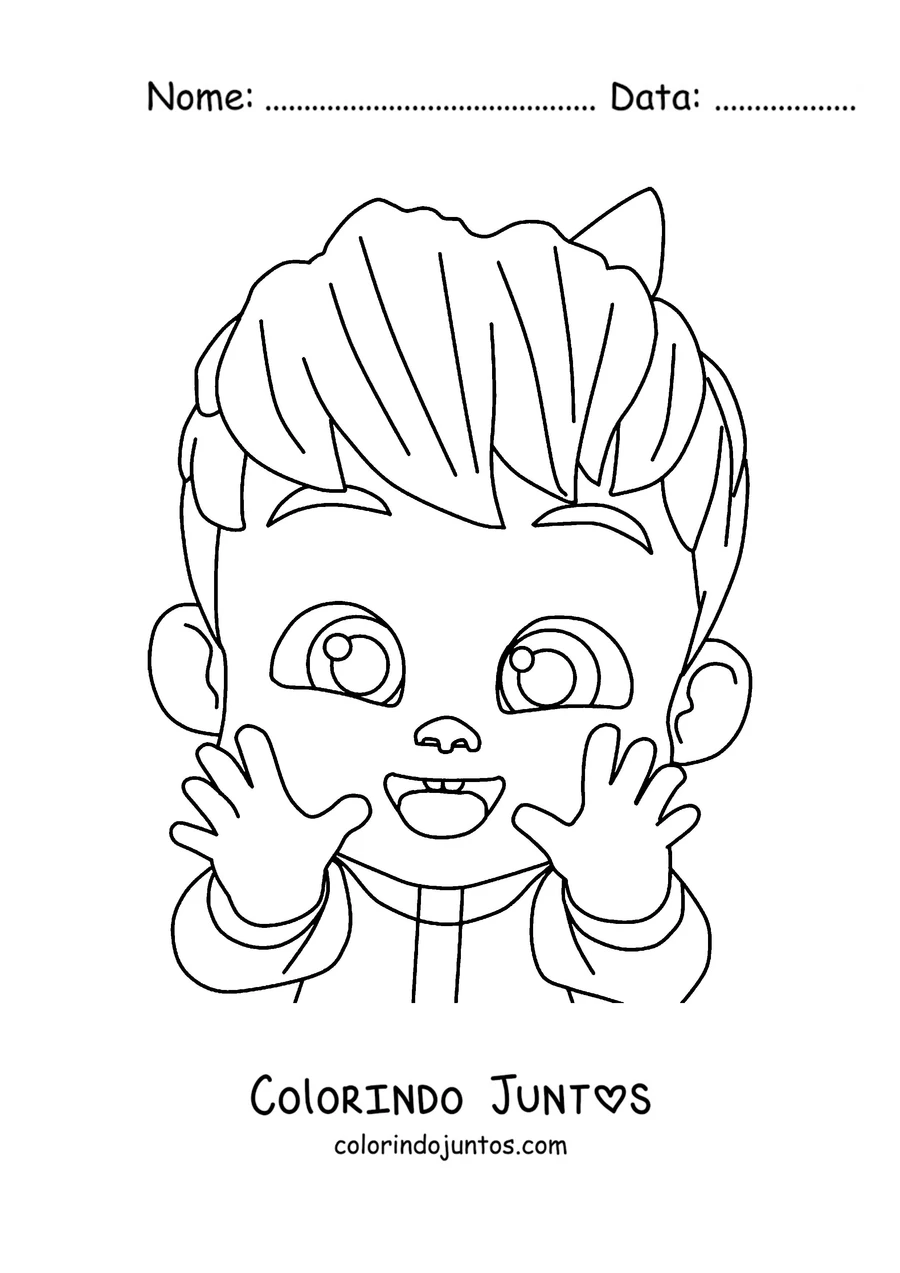Desenho para colorir do Bebefinn fofo com as mãozinhas perto do rosto