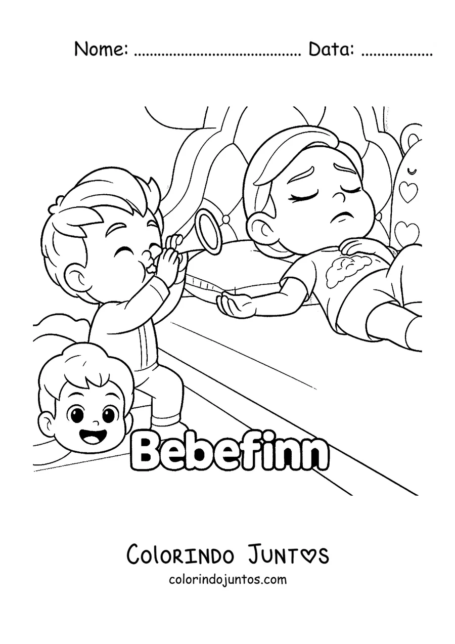 Desenho para colorir dos irmãos do Bebefinn brincando com uma lupa enquanto o Finn observa