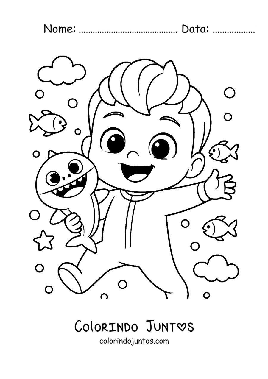 Desenho para colorir do Bebefinn nadando entre peixes e um bebê tubarão