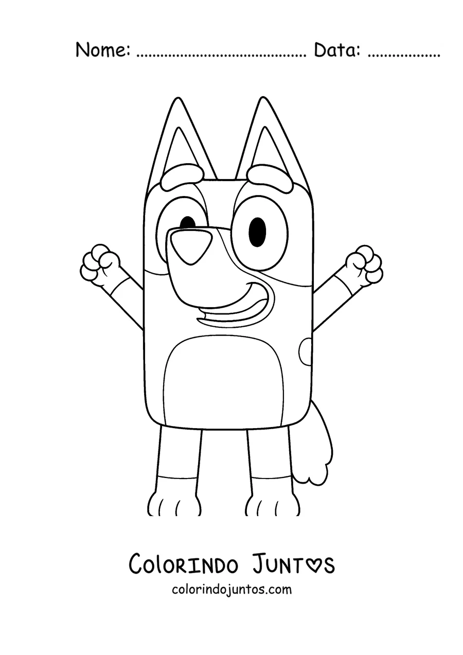 Desenho para colorir da Bluey acenando com os braços para cima