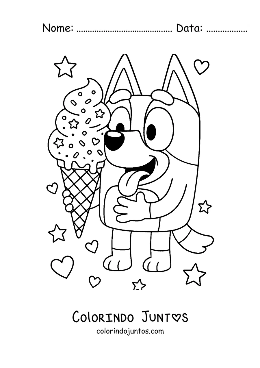 Desenho para colorir da Bluey saboreando um sorvete