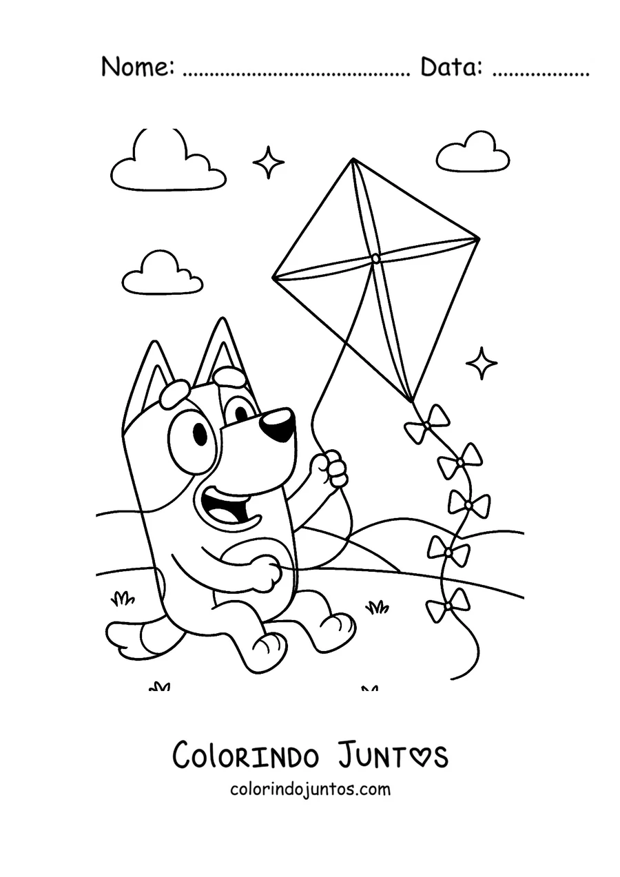 Desenho para colorir da Bluey empinando uma pipa
