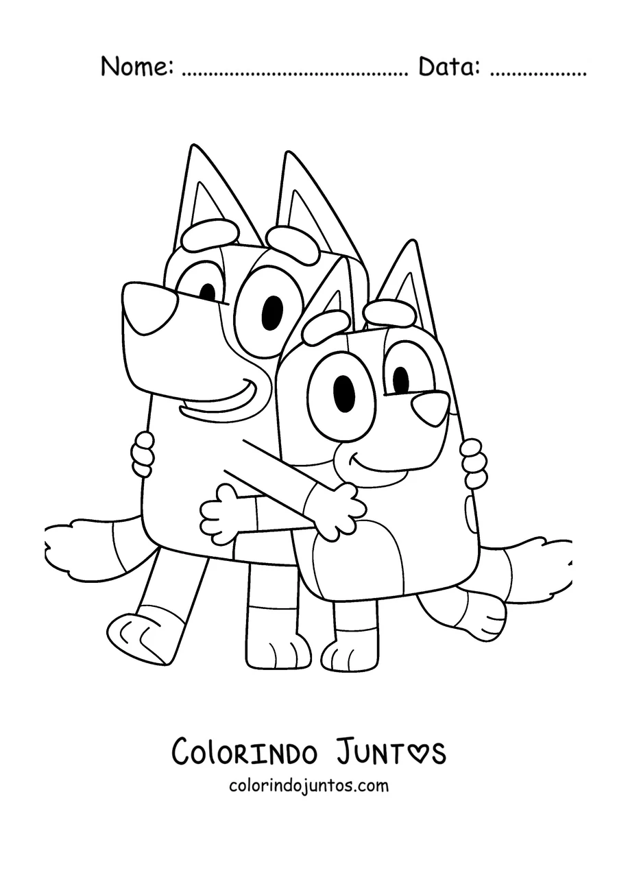 Desenho para colorir da Bluey e da Bingo se abraçando