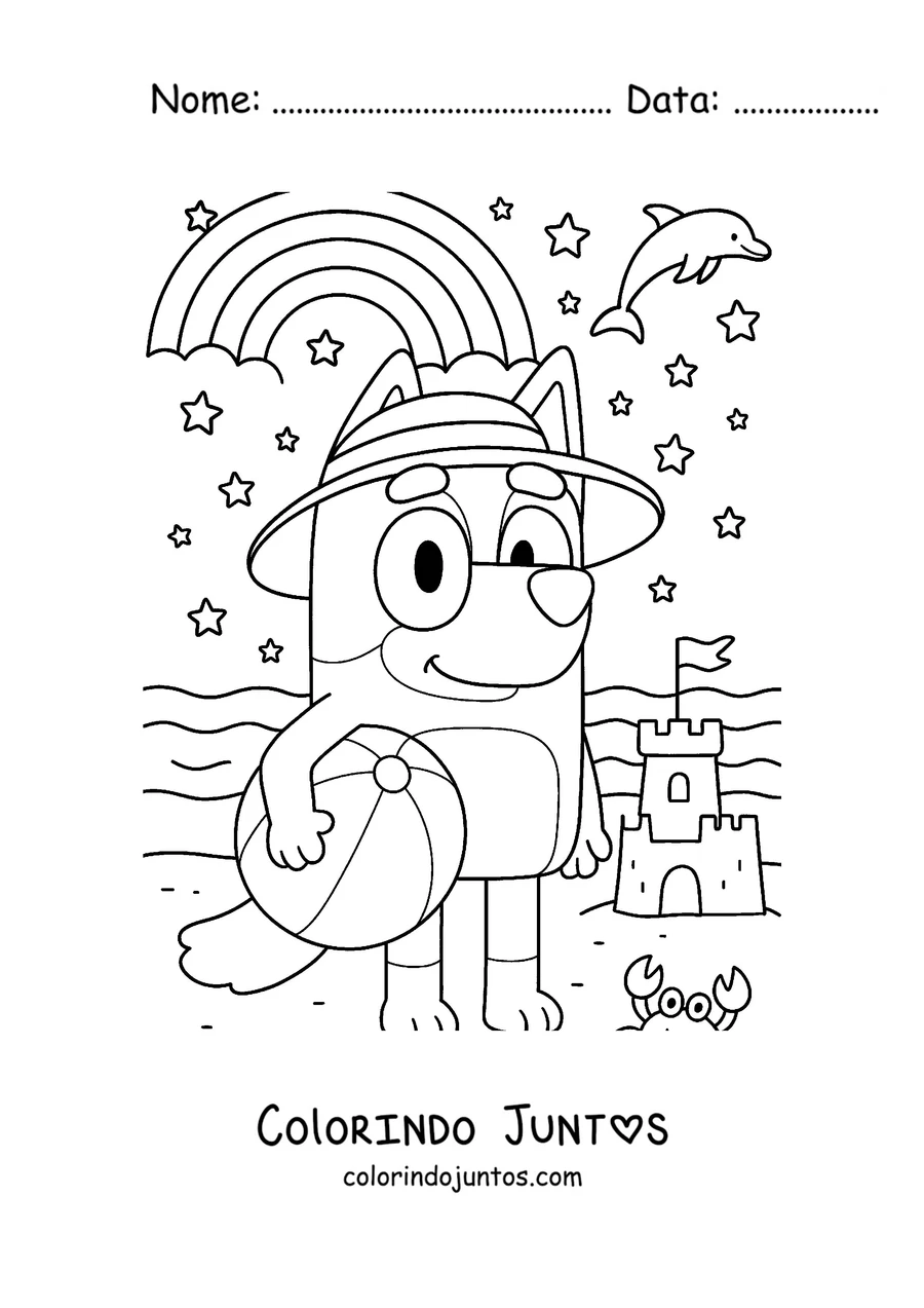 Desenho para colorir da Bluey na praia com uma bola