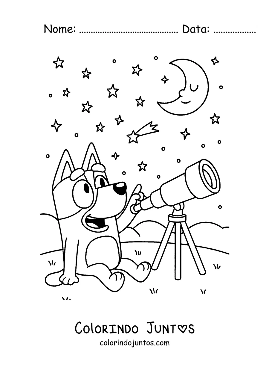 Desenho para colorir da Bluey observando o céu com um telescópio