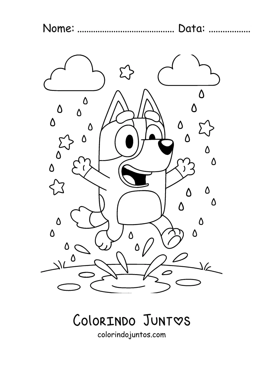 Desenho para colorir da Bluey pulando numa poça na chuva