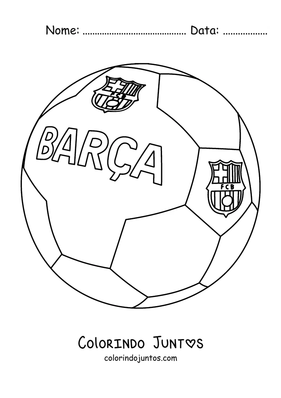 Desenho para colorir de uma bola de futebol com o nome BARÇA e o escudo