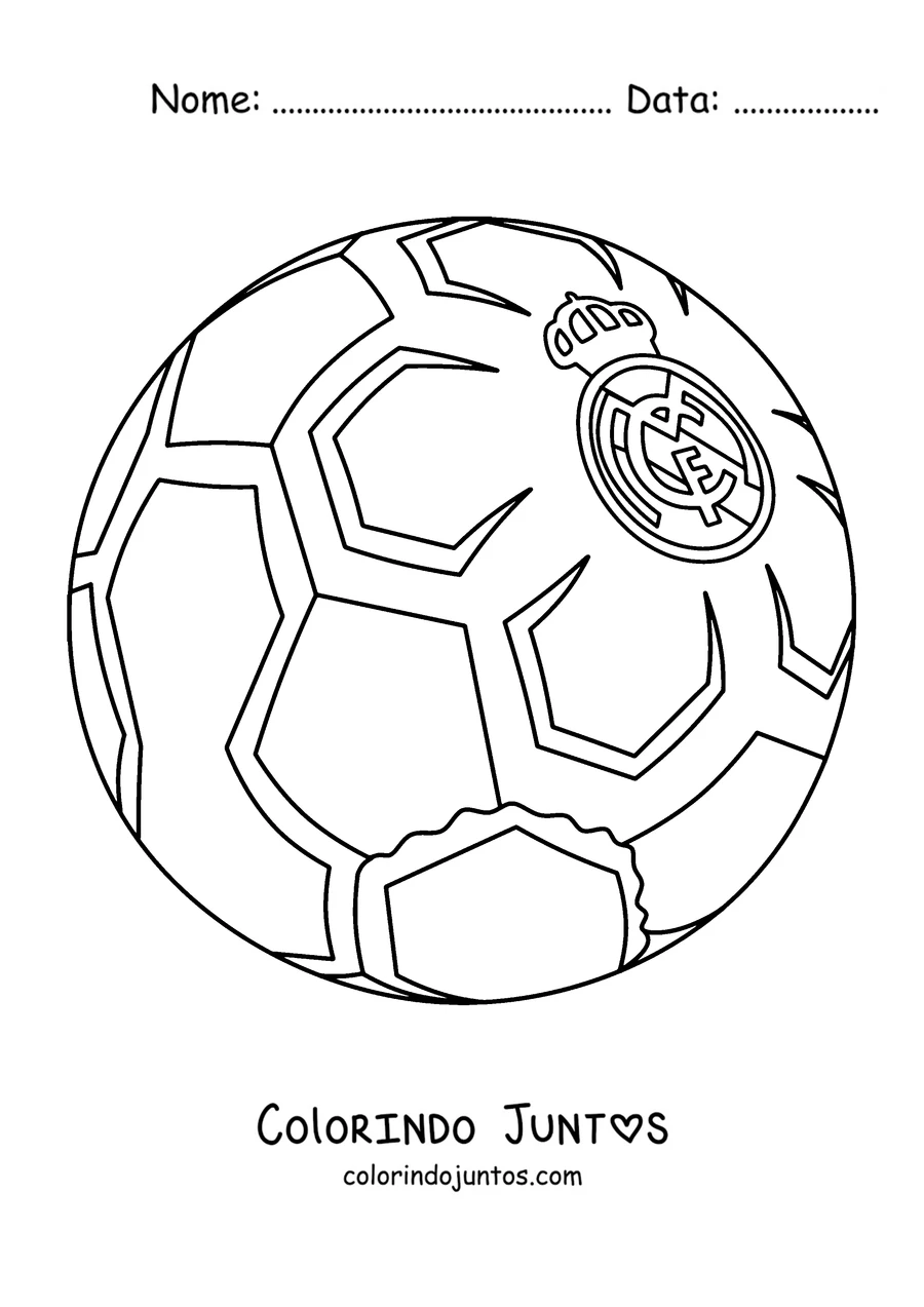 Desenho para colorir de uma bola de futebol com o escudo do Real Madrid