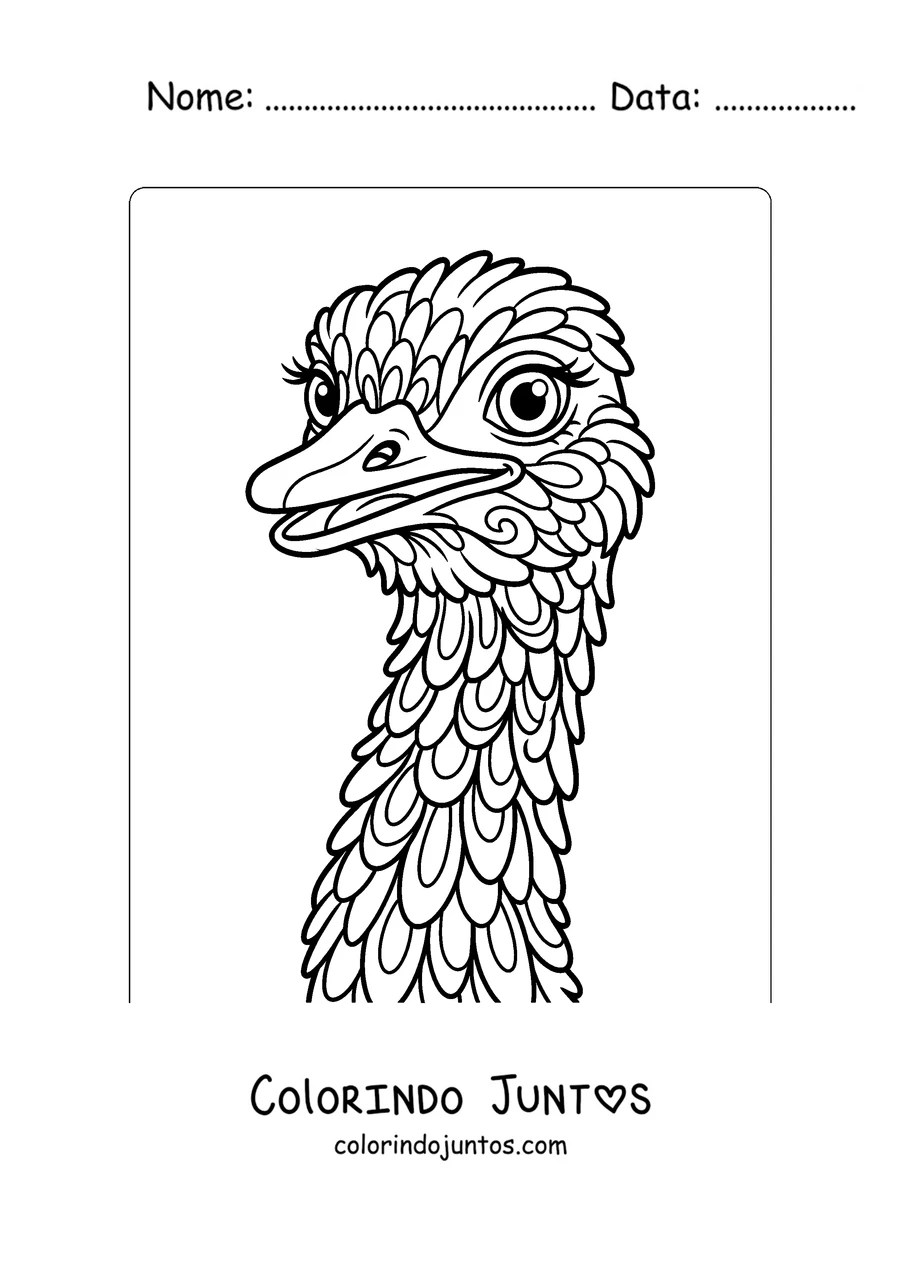 Desenho para colorir da cabeça de uma avestruz vista de perto