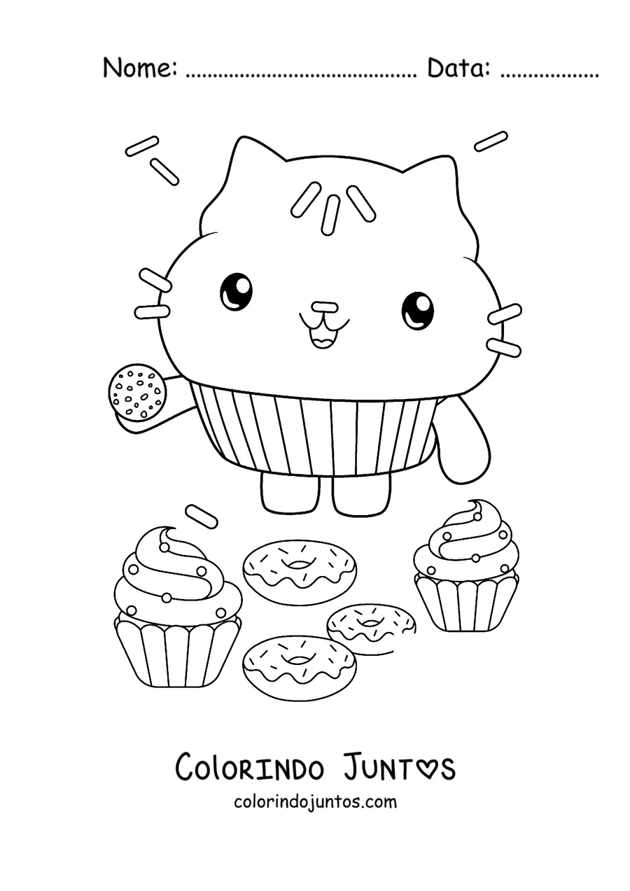 Desenho para colorir do Cakey, o gato cupcake, com cupcakes e rosquinhas