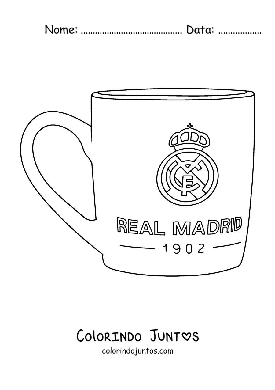 Desenho para colorir de uma caneca com o escudo do Real Madrid e o ano de 1902