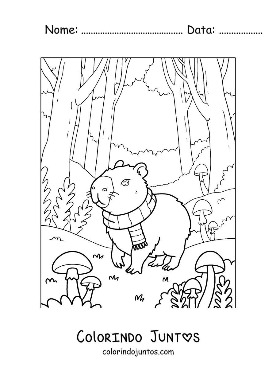 Desenho para colorir de uma capivara com cachecol passeando pelo bosque de outono