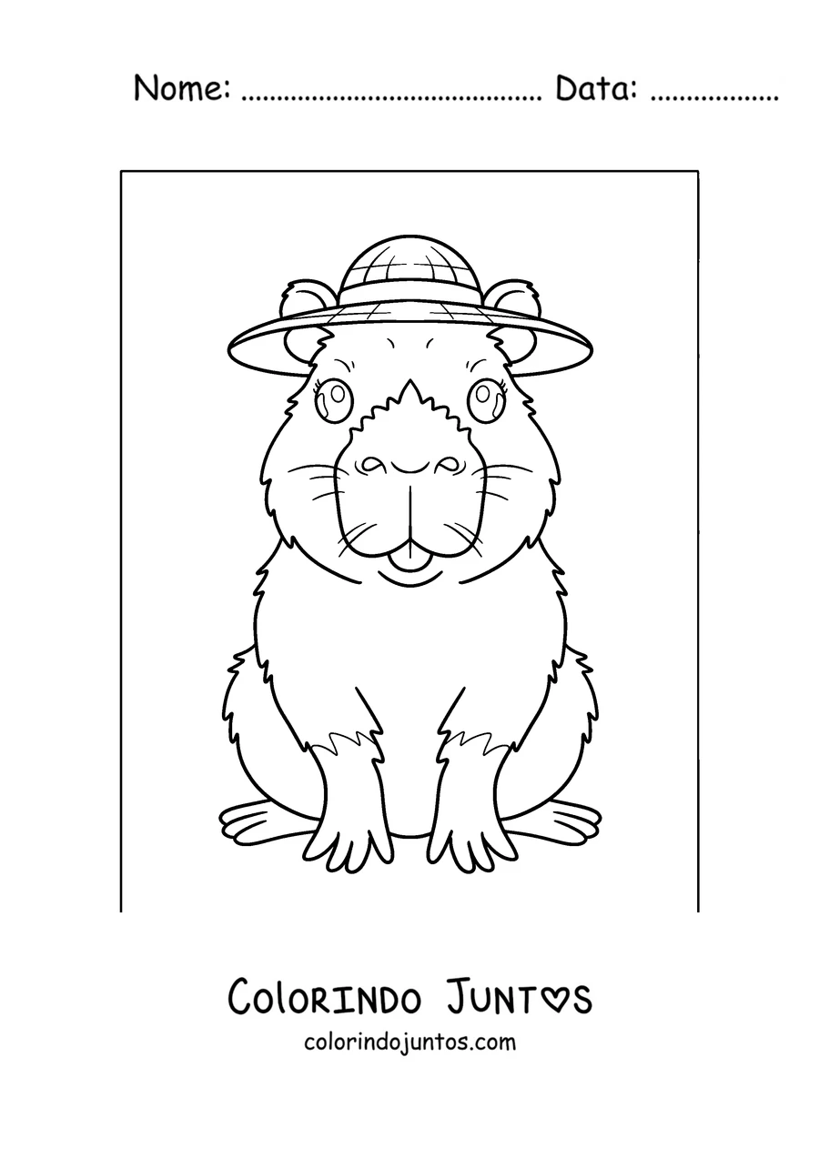 Desenho para colorir de uma capivara com chapéu de explorador