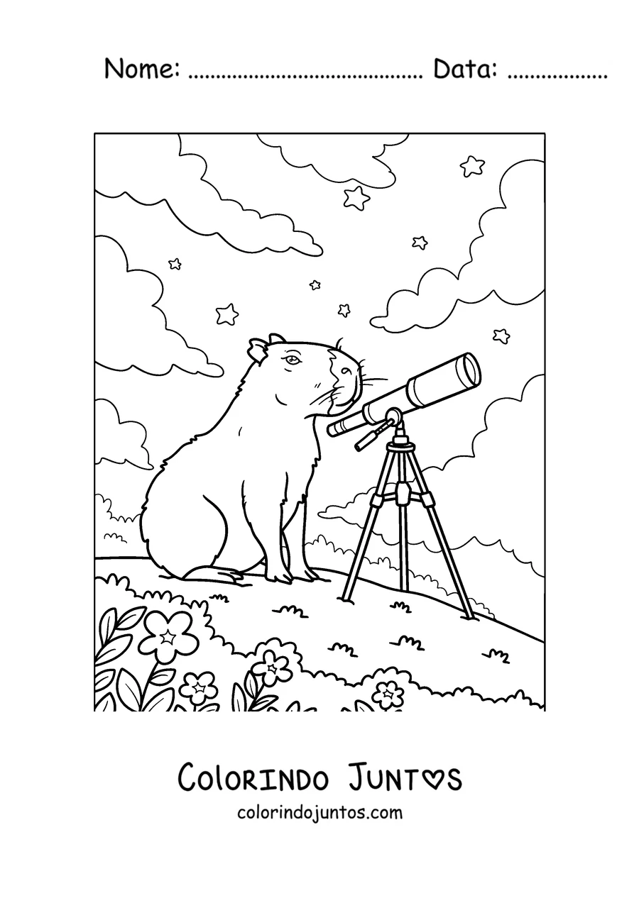 Desenho para colorir de uma capivara olhando as estrelas com um telescópio