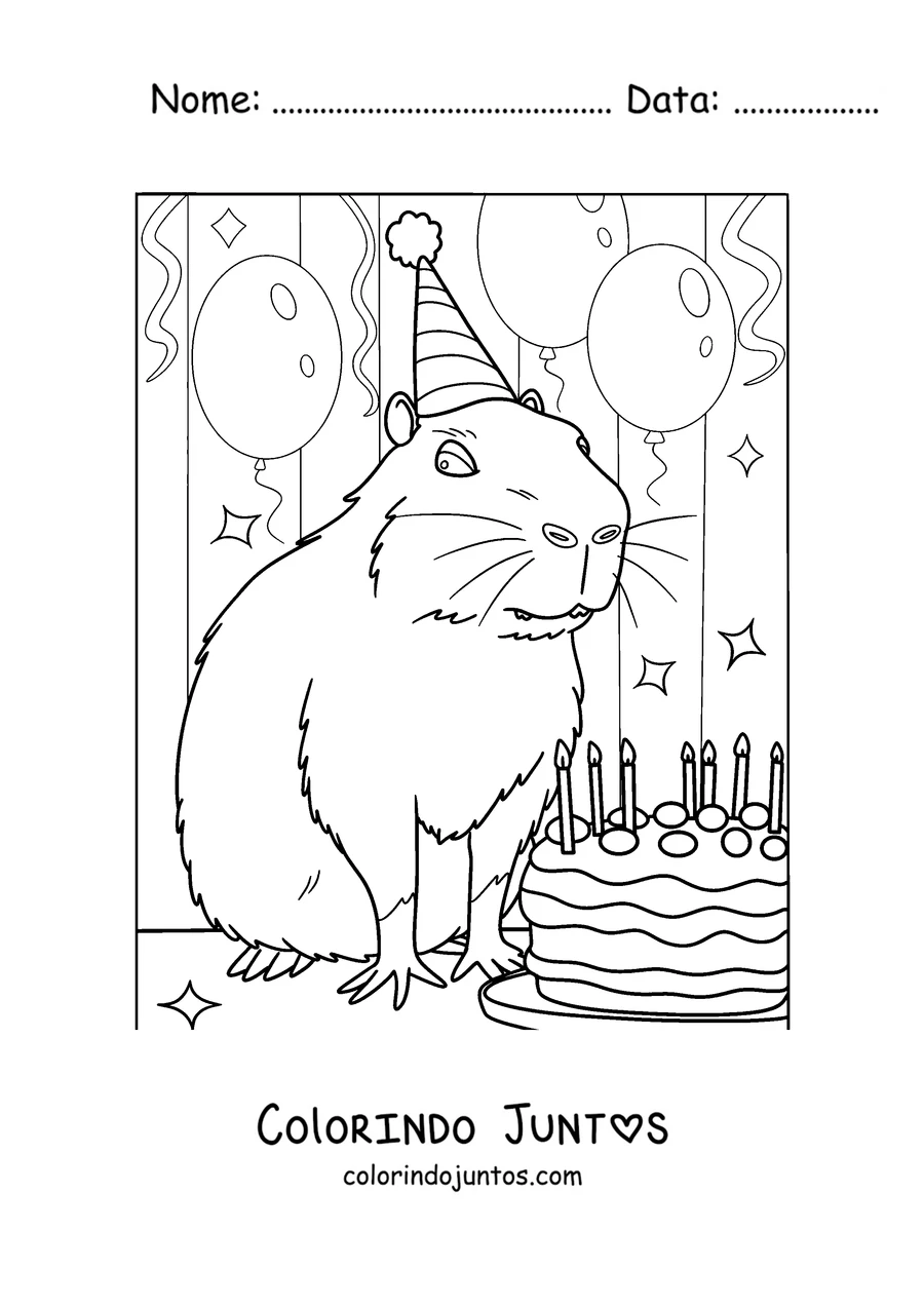 Desenho para colorir de uma capivara soprando as velas do bolo de aniversário