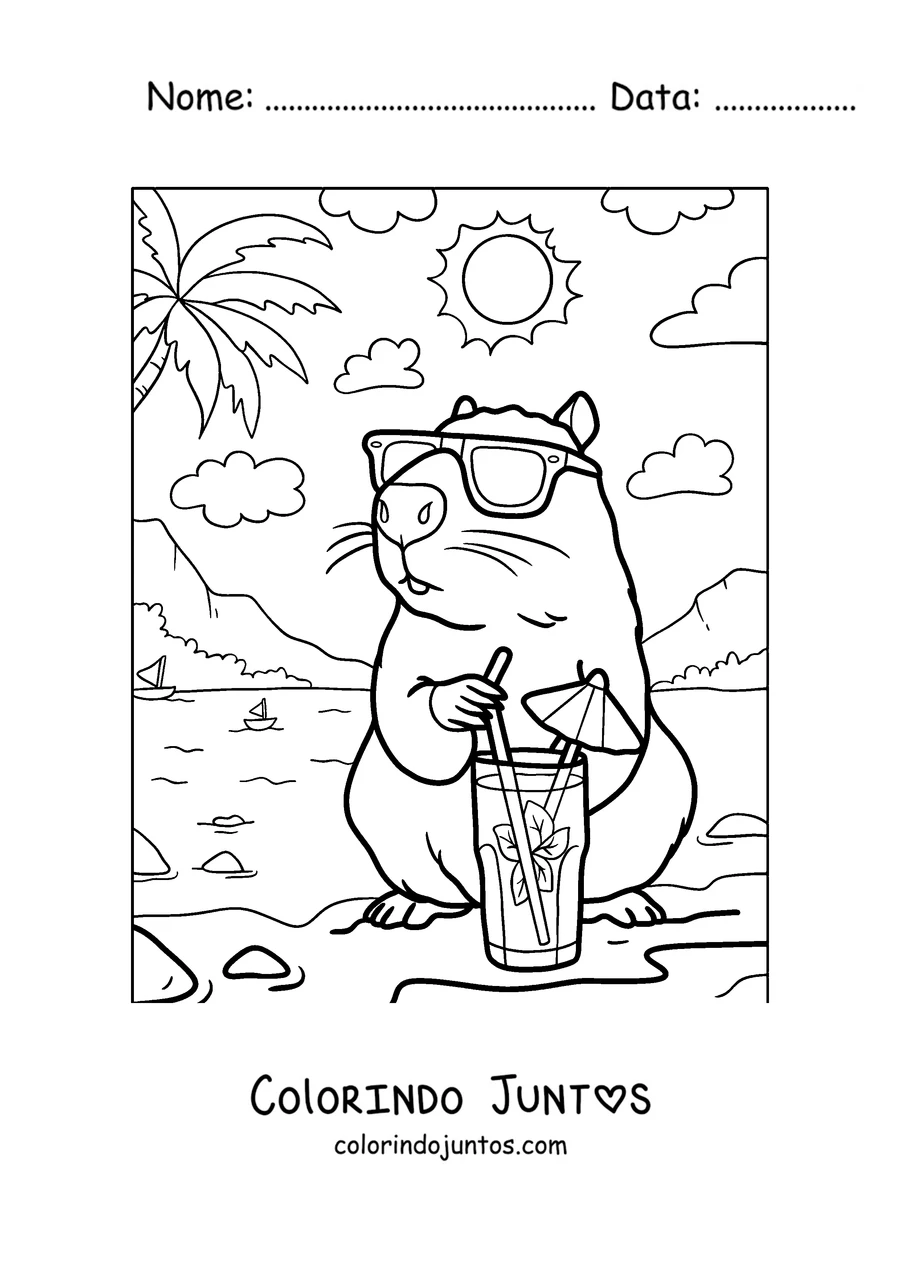 Desenho para colorir de uma capivara de óculos de sol tomando limonada