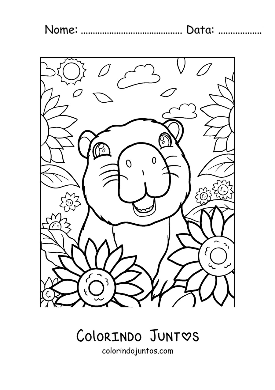 Desenho para colorir de uma capivara entre girassóis