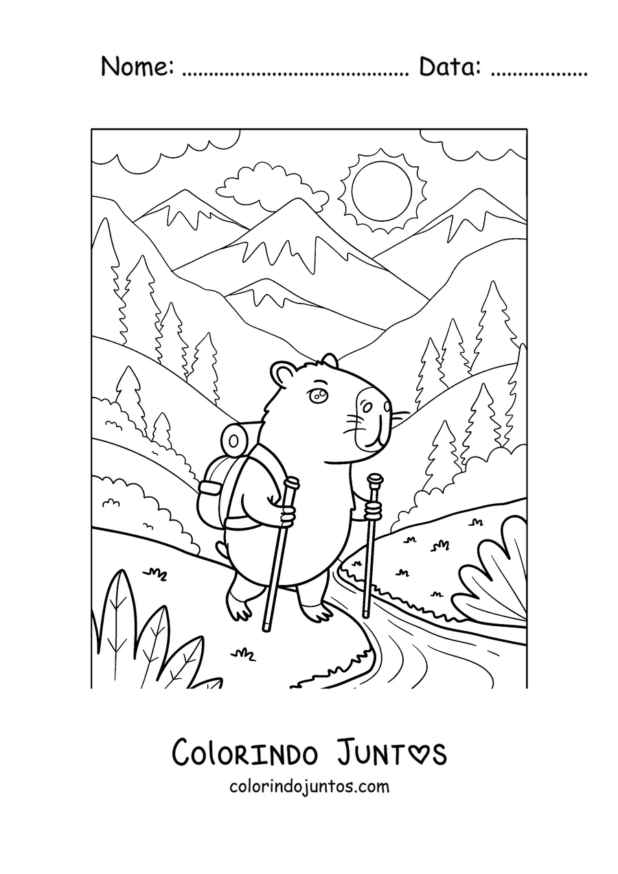 Desenho para colorir de uma capivara na trilha com mochila na montanha