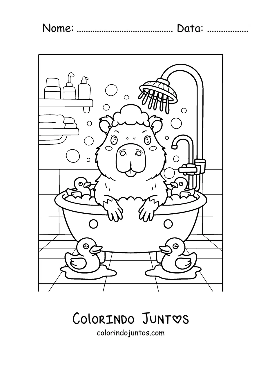 Desenho para colorir de uma capivara no banho de espuma com patinhos de borracha