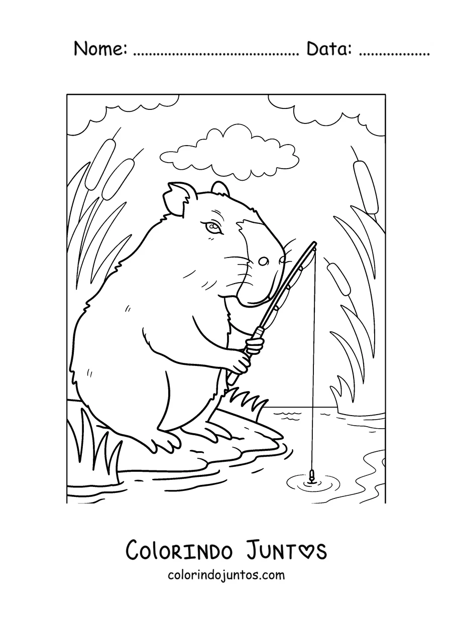 Desenho para colorir de uma capivara pescando na beira do rio