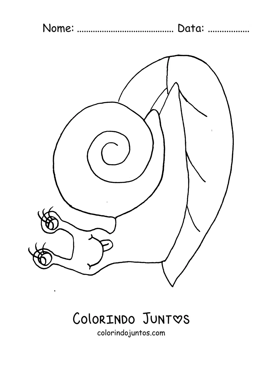 Desenho para colorir de um caracol sobre uma folha com dois caracolzinhos