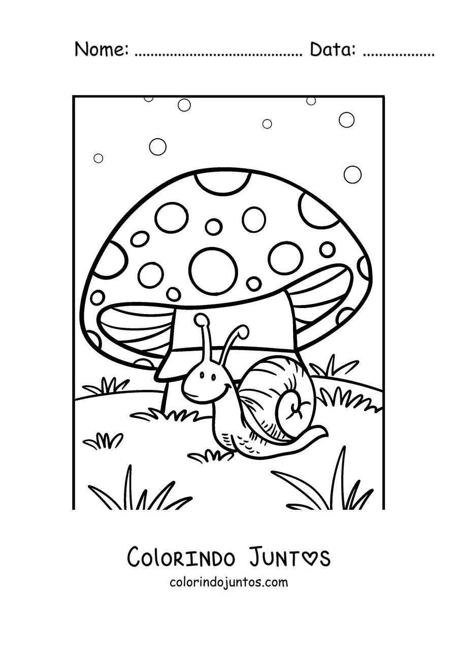 Desenho para colorir de um caracol debaixo de um cogumelo