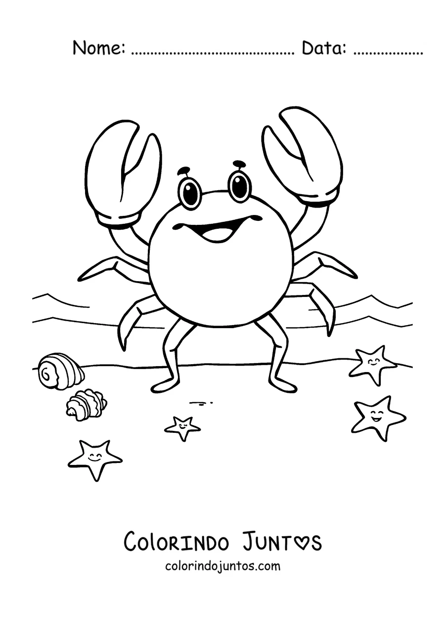 Desenho para colorir de um caranguejo sorridente em pé entre estrelas do mar