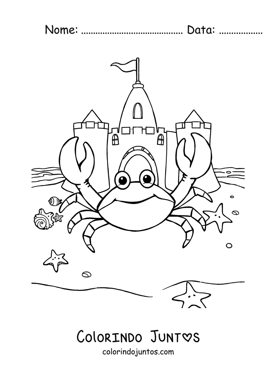 Desenho para colorir de um caranguejo na praia ao lado de um castelo de areia