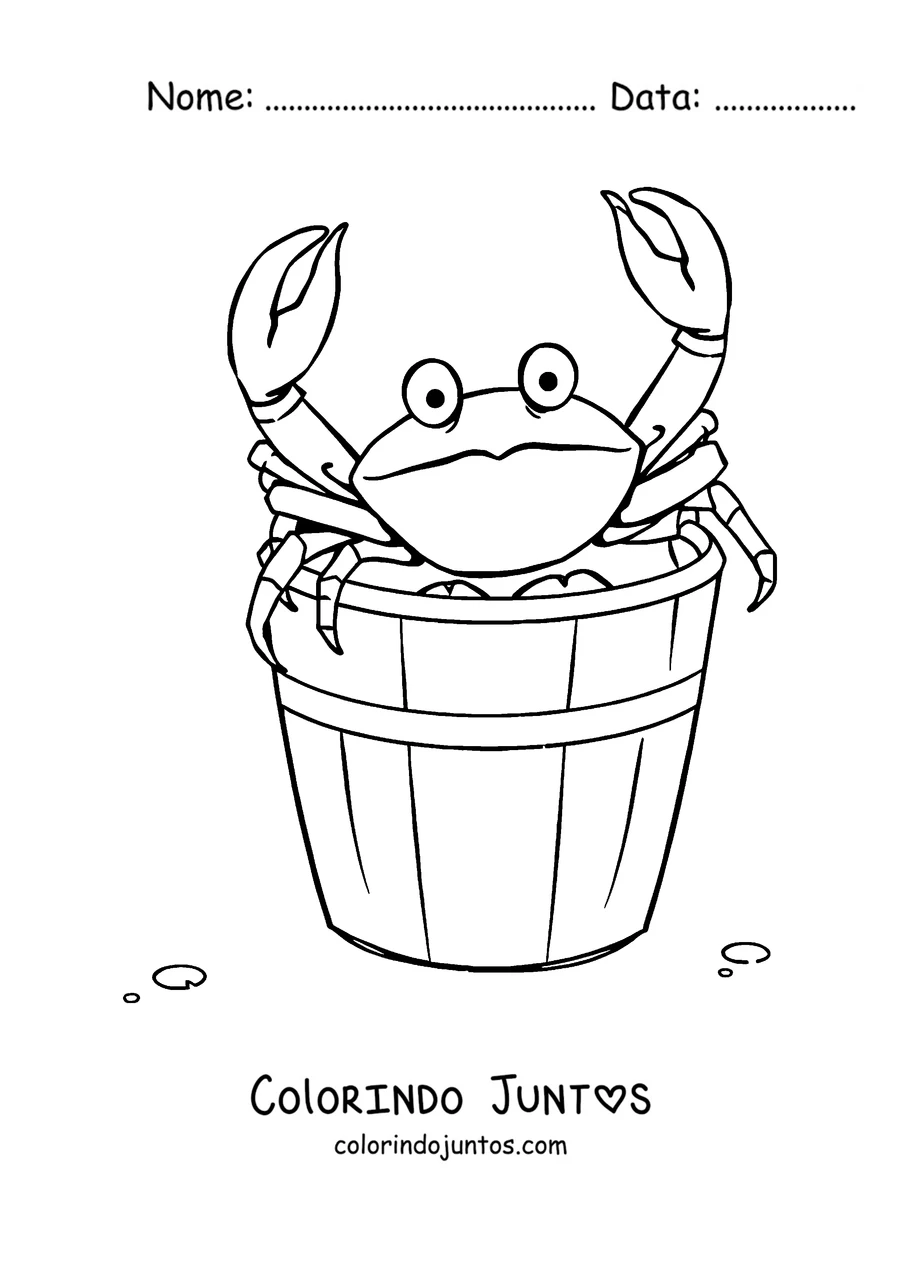 Desenho para colorir de um caranguejo saindo de um balde de praia