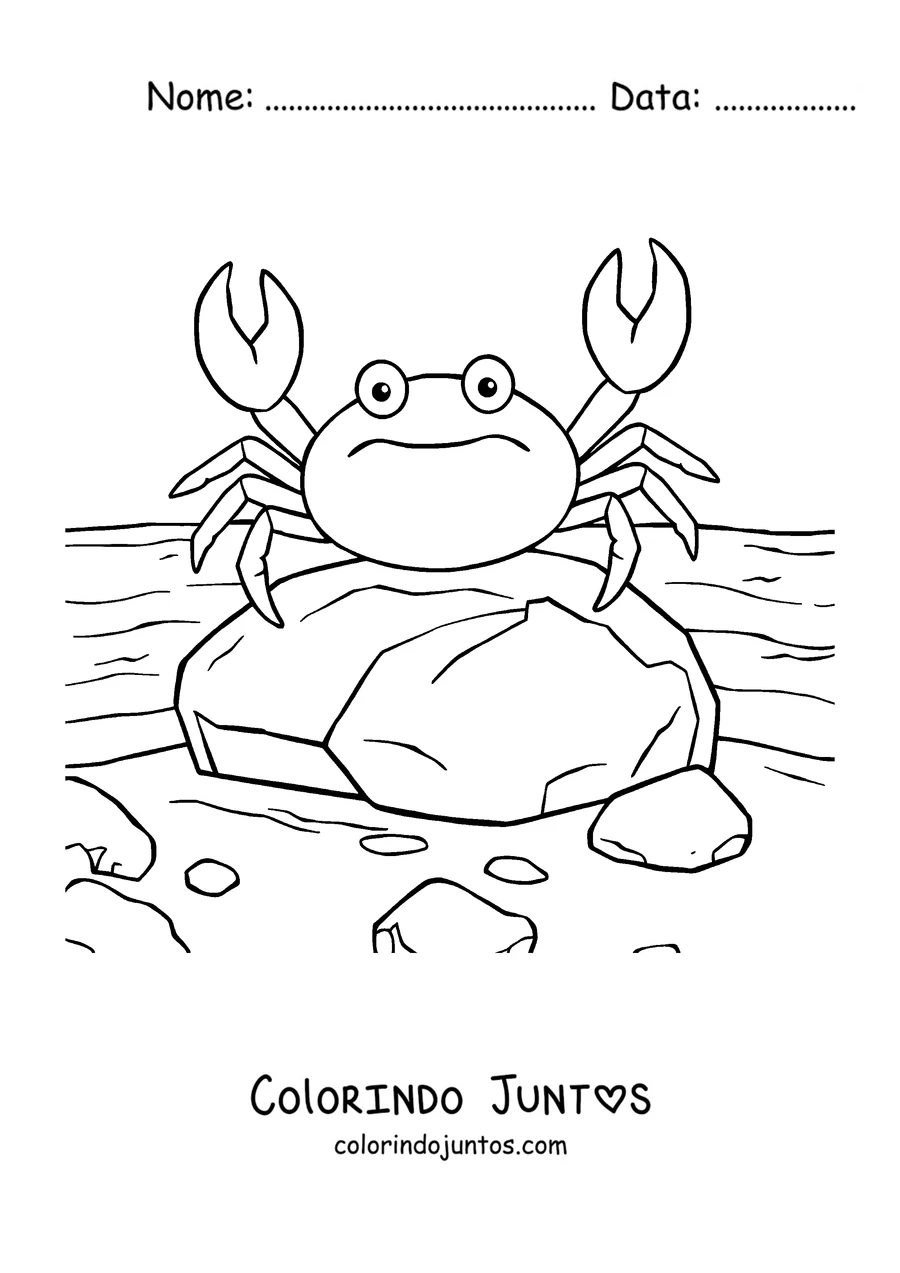 Desenho para colorir de um caranguejo sobre uma rocha na beira do mar