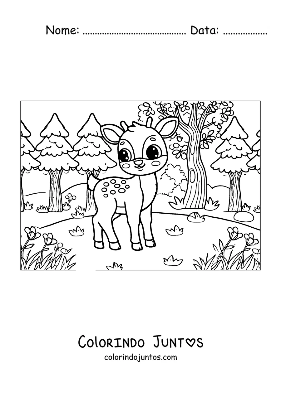 Desenho para colorir de um cervo filhote com manchas na floresta