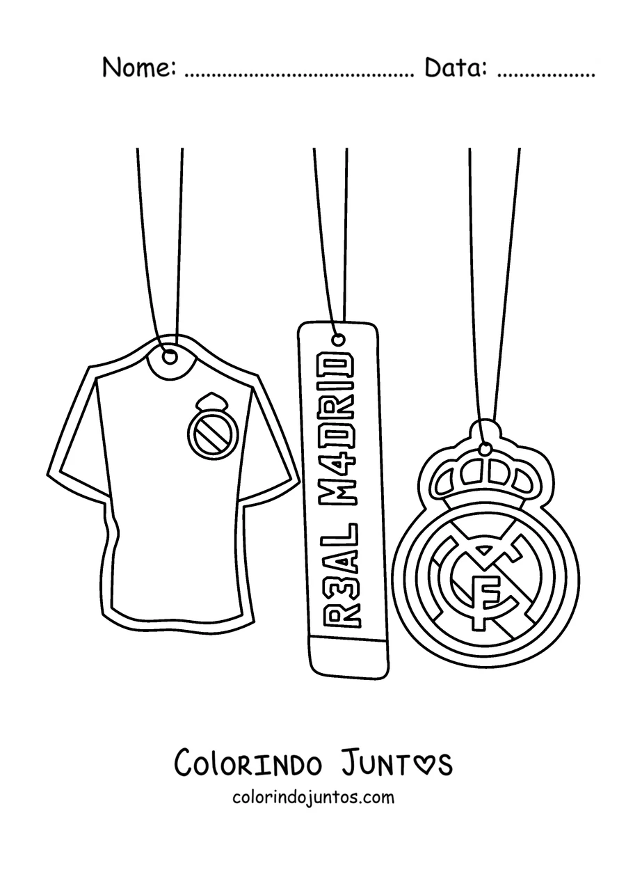 Desenho para colorir de três pingentes do Real Madrid: uma camisa, uma placa e o escudo