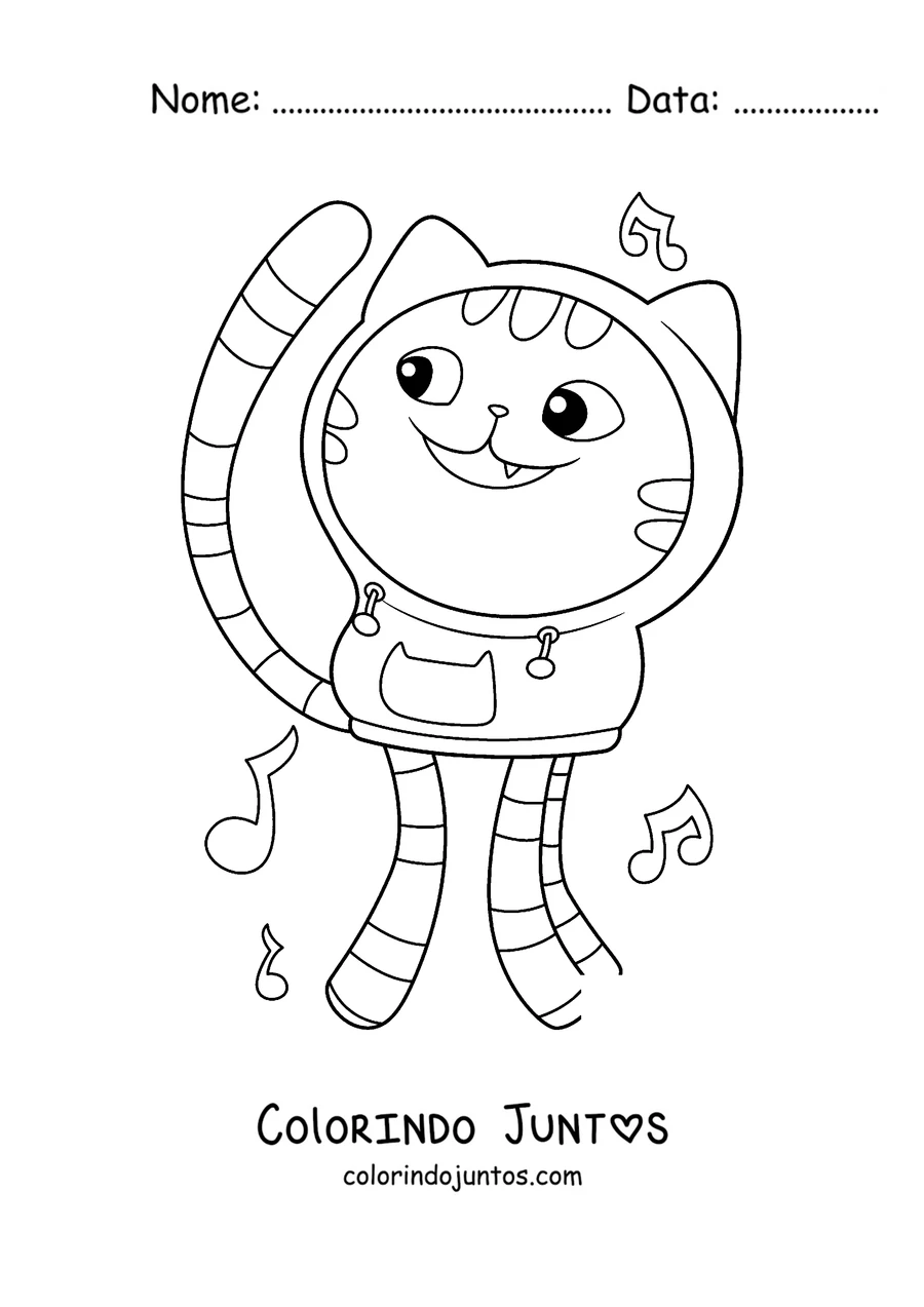 Desenho para colorir do DJ Catnip dançando entre notas musicais
