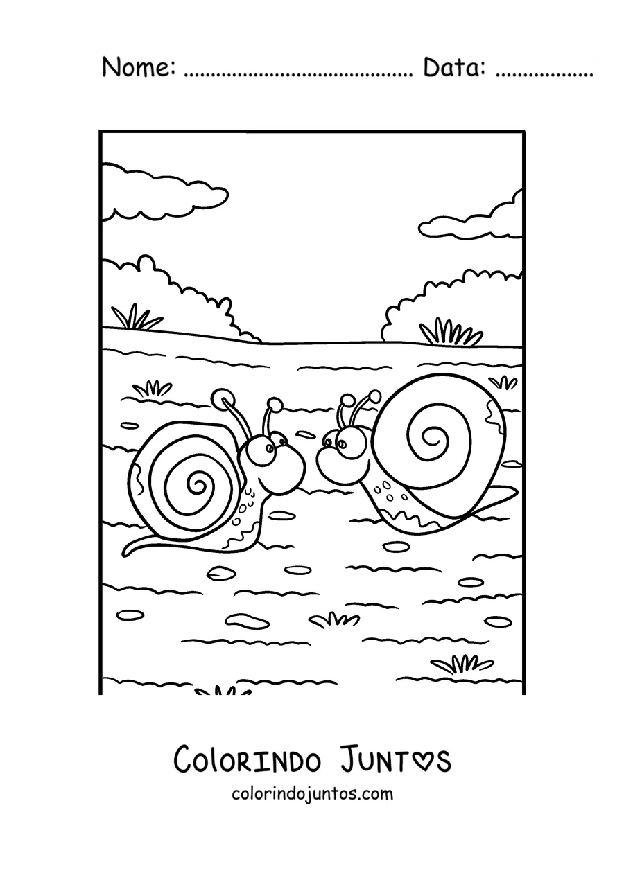 Desenho para colorir de dois caracóis se encontrando no caminho