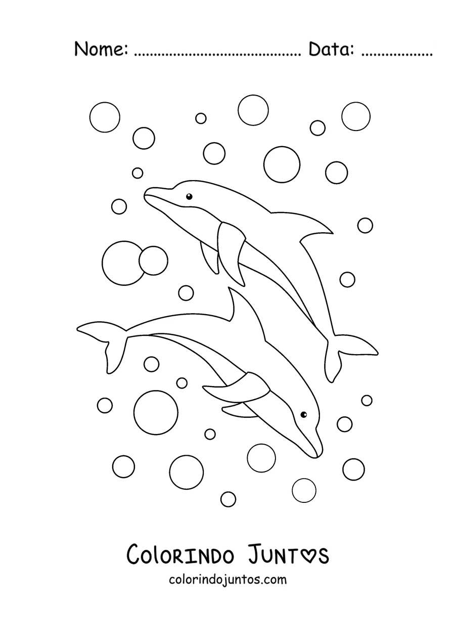 Desenho para colorir de dois golfinhos nadando entre bolhas