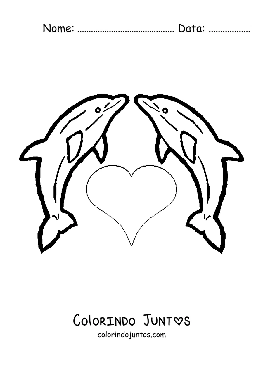 Desenho para colorir de dois golfinhos formando um coração