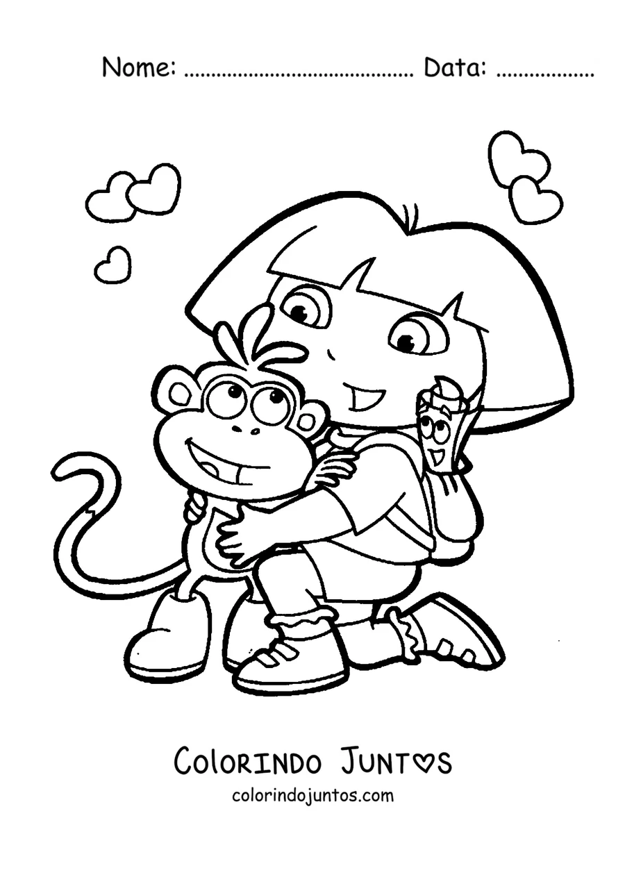 Desenho para colorir da Dora Aventureira abraçando o Botas com um sorvete