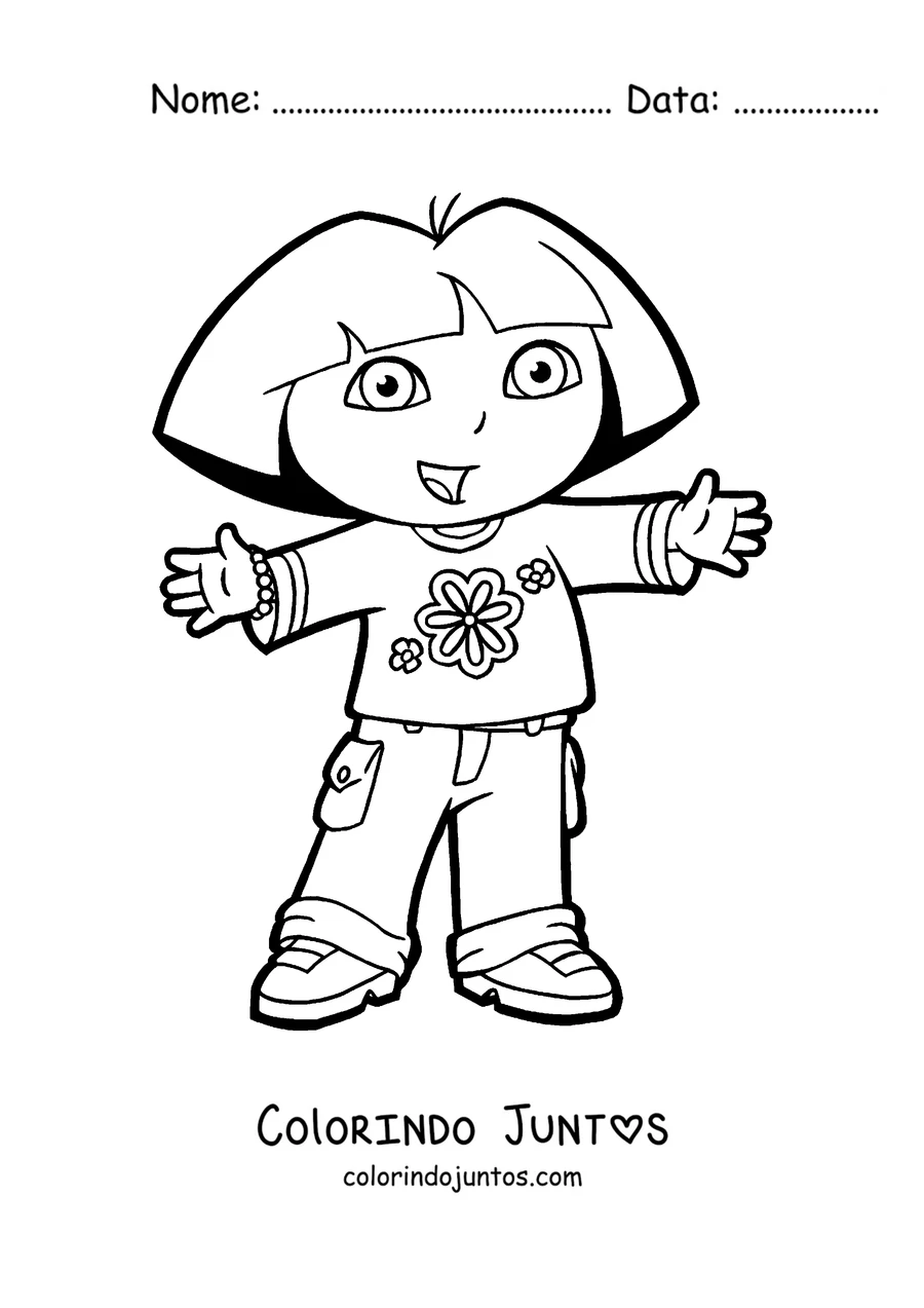 Desenho para colorir da Dora Aventureira acenando com os braços abertos
