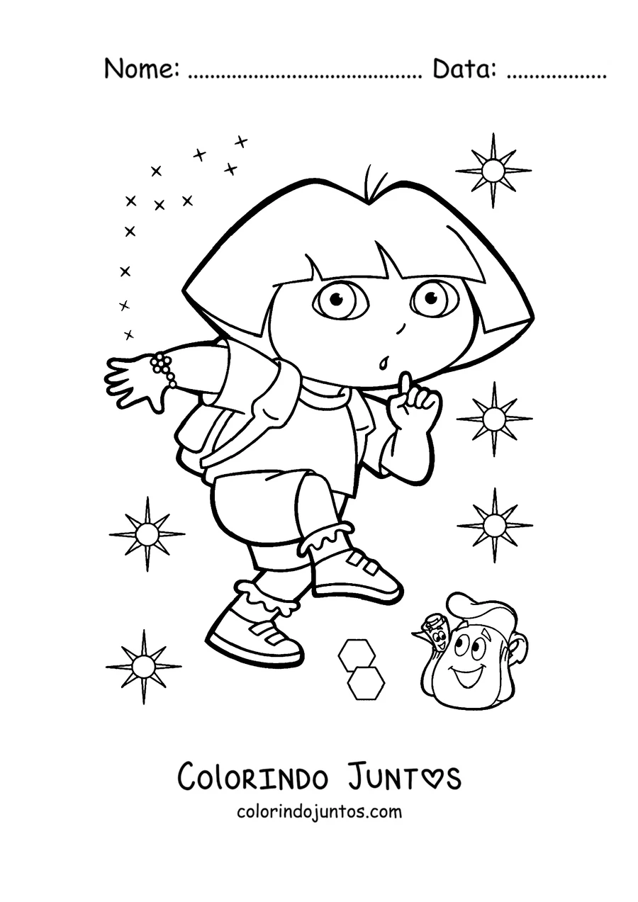 Desenho para colorir da Dora Aventureira com a sua mochila entre estrelas