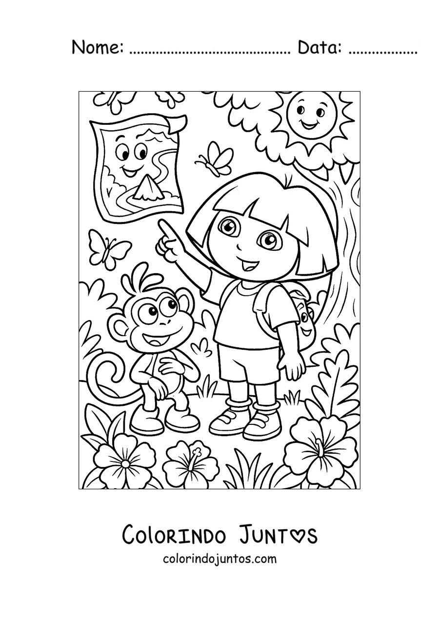 Desenho para colorir da Dora Aventureira apontando para o Mapa ao lado do Botas