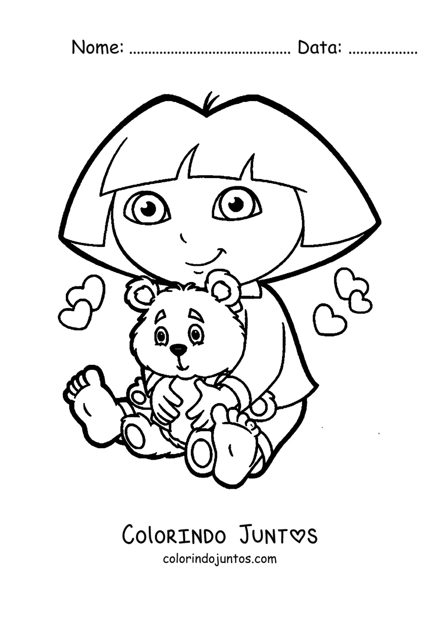 Desenho para colorir da Dora Aventureira abraçando um ursinho de pelúcia