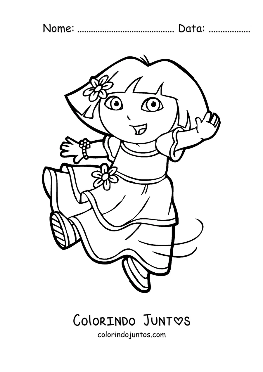 Desenho para colorir da Dora Aventureira dançando com uma flor no cabelo