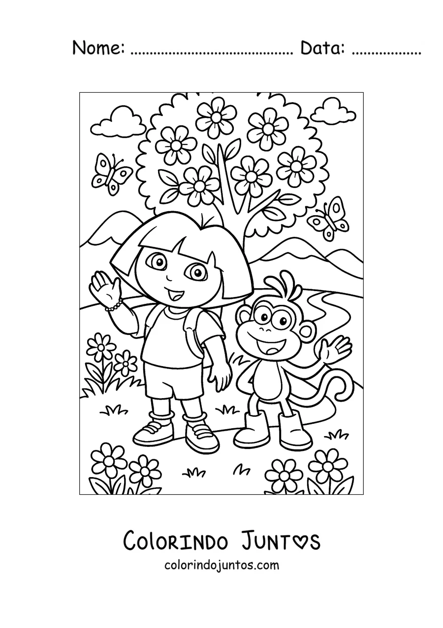 Desenho para colorir da Dora Aventureira e do Botas num campo de flores
