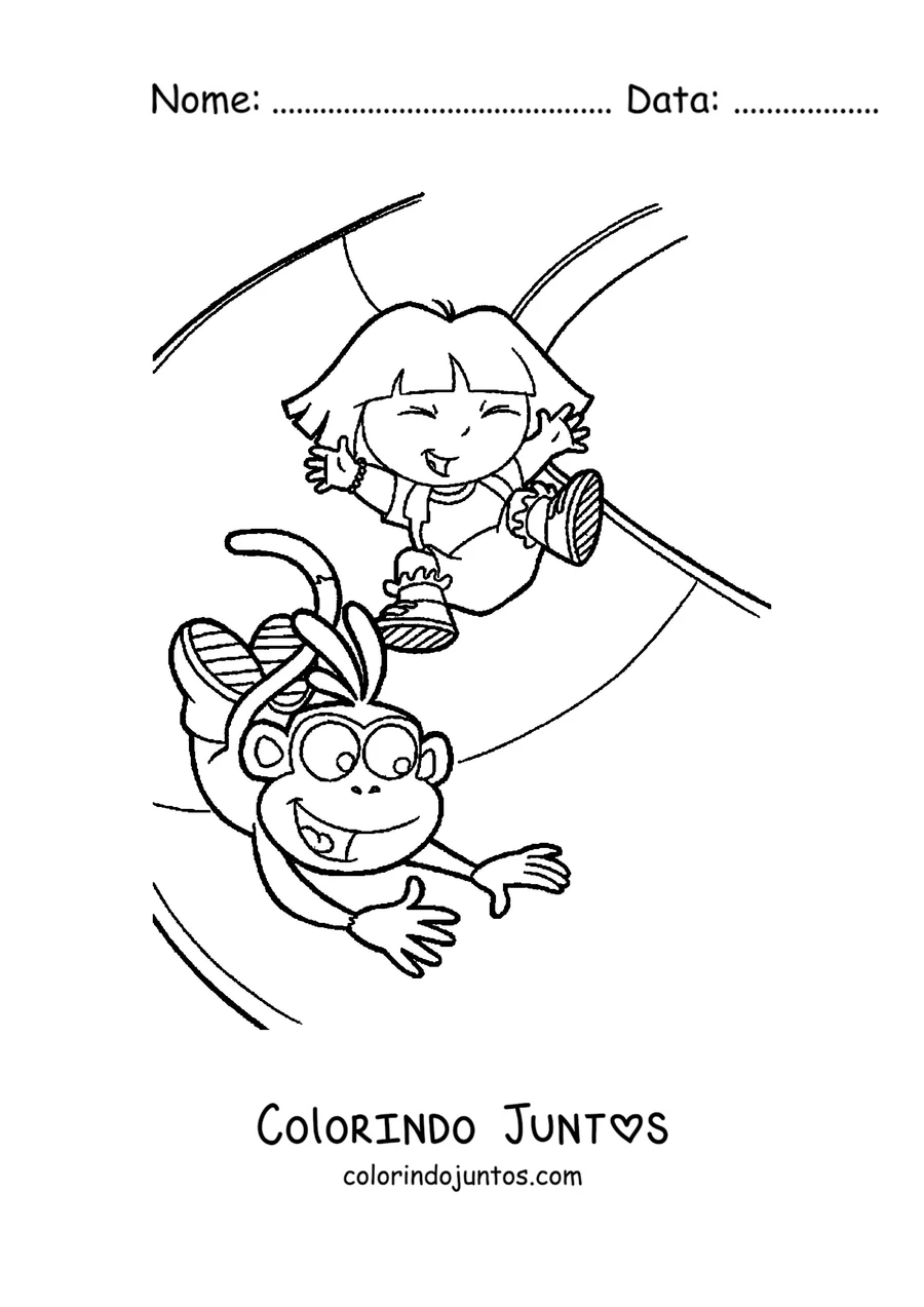 Desenho para colorir da Dora Aventureira e do Botas se balançando num cipó