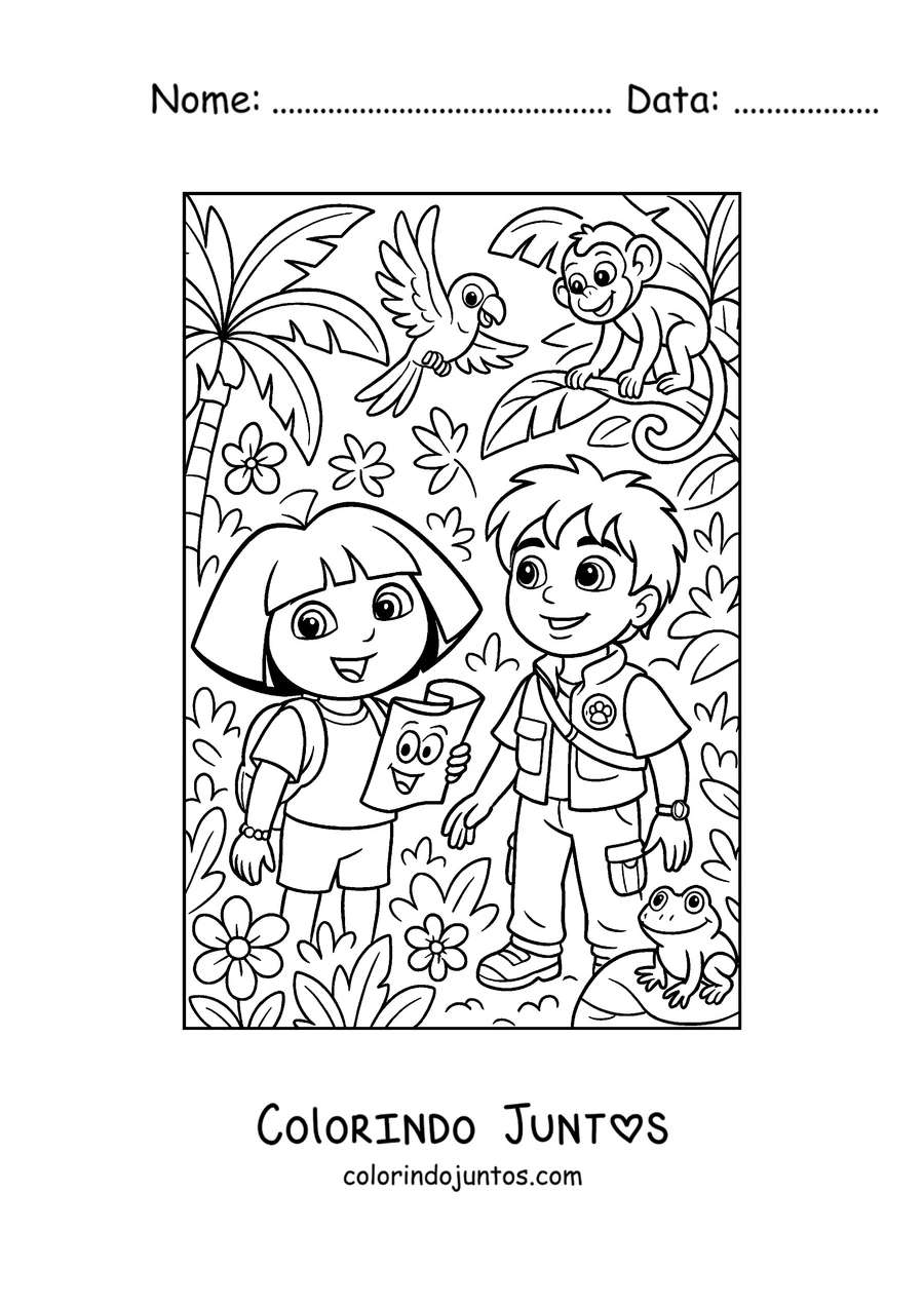 Desenho para colorir da Dora Aventureira e do primo Diego na selva