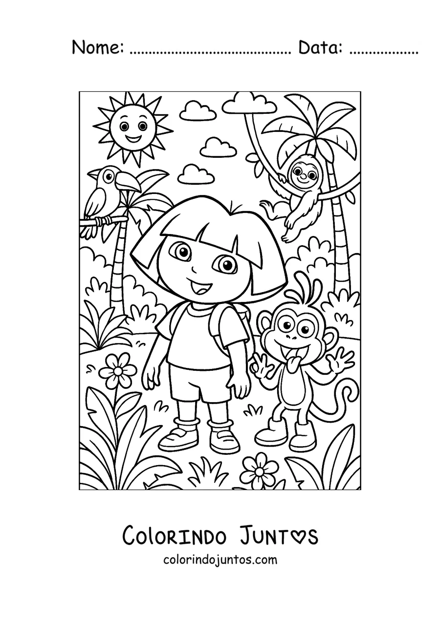 Desenho para colorir da Dora Aventureira explorando a selva com um papagaio