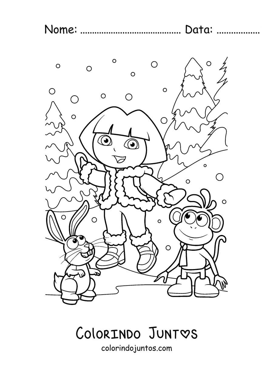 Desenho para colorir da Dora Aventureira na neve com o Botas e um coelho