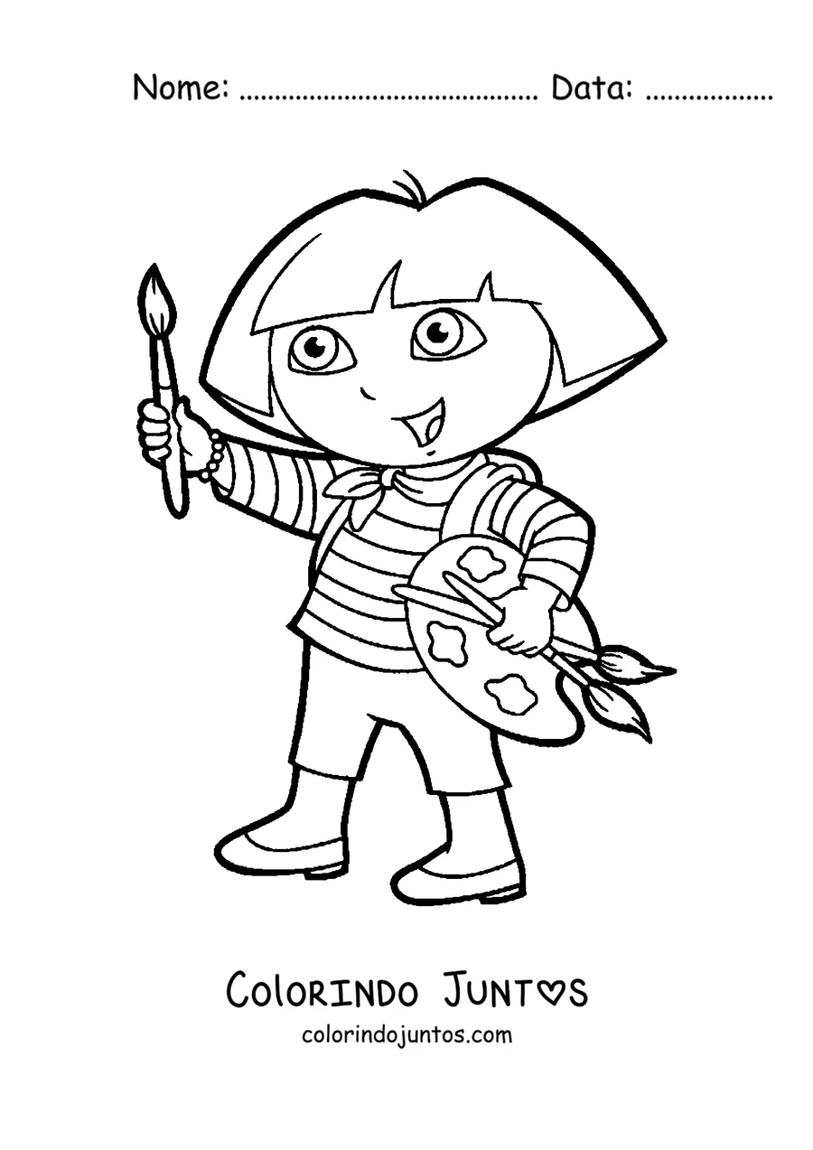 Desenho para colorir da Dora Aventureira pintando com uma paleta e um pincel