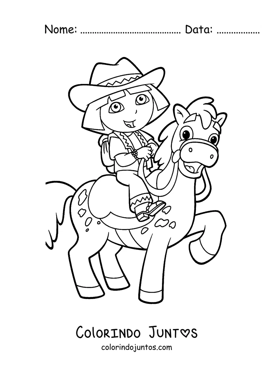 Desenho para colorir da Dora Aventureira vestida de vaqueira montando a cavalo