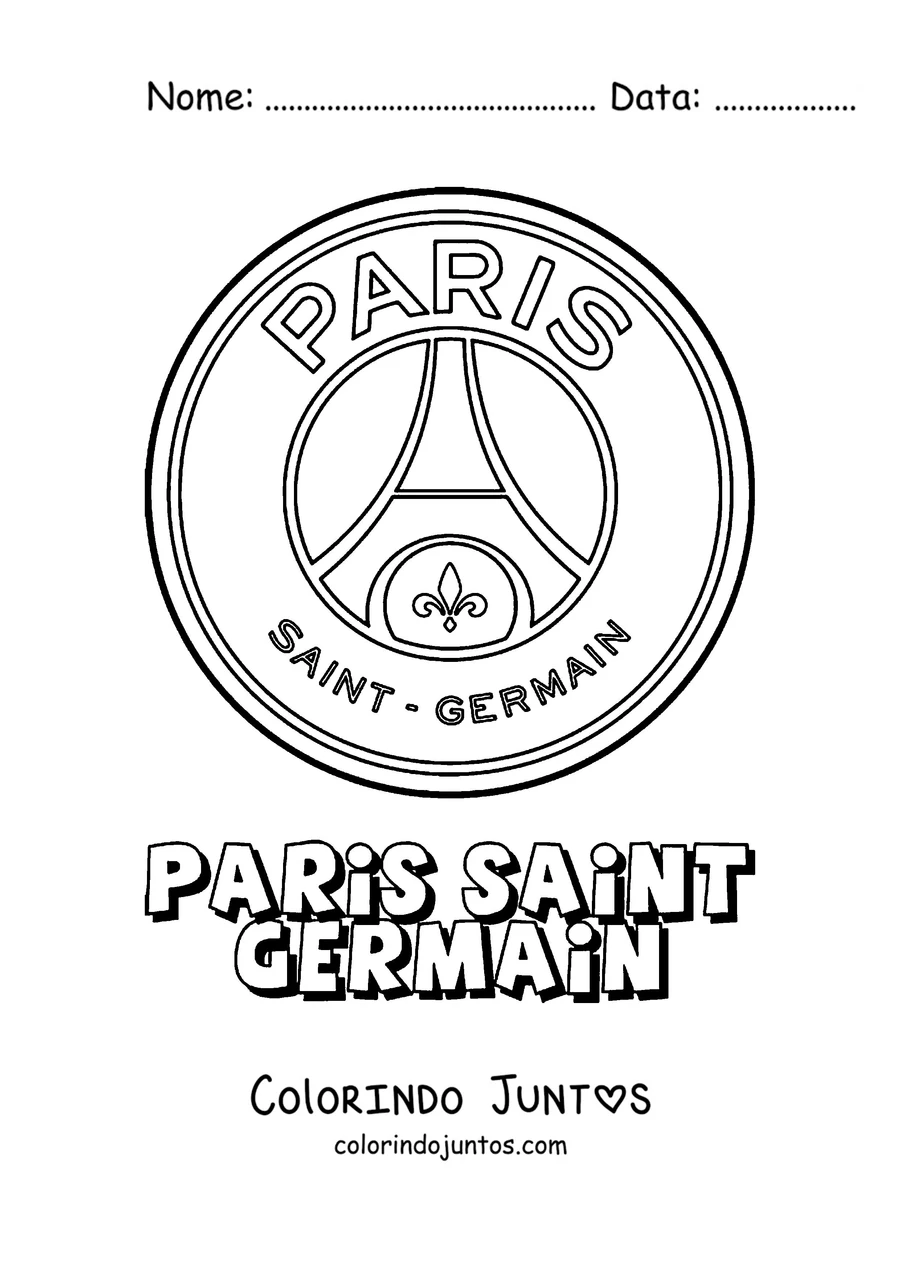 Desenho para colorir do escudo do PSG com o nome Paris Saint-Germain